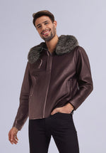 Load image into Gallery viewer, CHEVRON HOODIE LEATHER JACKET
